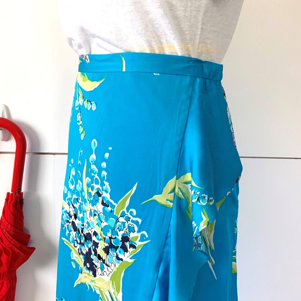 Valerie Stevens 100% Silk Blue Floral Midi Ruffle Faux Wrap Skirt Sz 8P - Picture 7 of 16